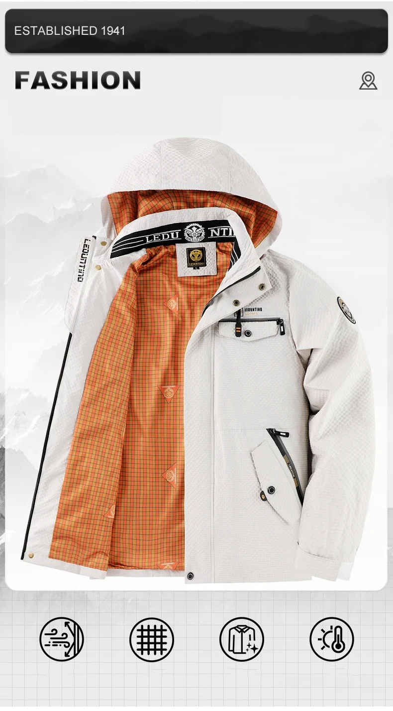 Erkek gündelik moda trendi çok cepli düz renk kapşonlu rüzgar geçirmez su geçirmez çalışma fermuarlı açık kamp ceketi