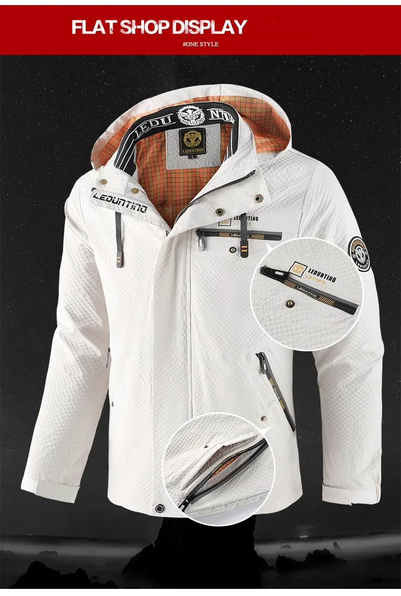 Erkek gündelik moda trendi çok cepli düz renk kapşonlu rüzgar geçirmez su geçirmez çalışma fermuarlı açık kamp ceketi