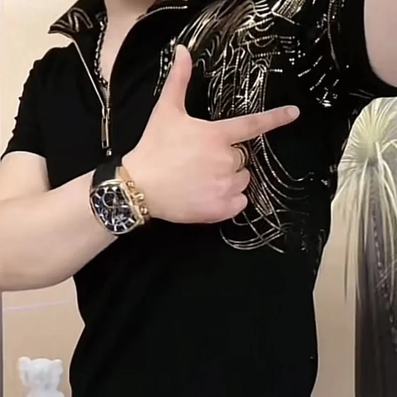 2024 yaz avrupa eğilim baskılı GildingStand CollarMen kısa kollu kazaklar moda tüm maç ofis Lady Hoodies Tops