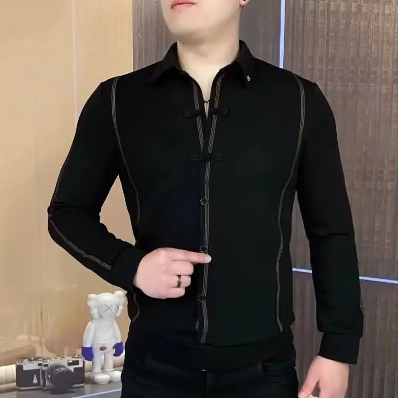 Vintage düğme uzun kollu erkek giyim turn-aşağı yaka bahar sonbahar hırka rahat moda kontrast renk T-shirt