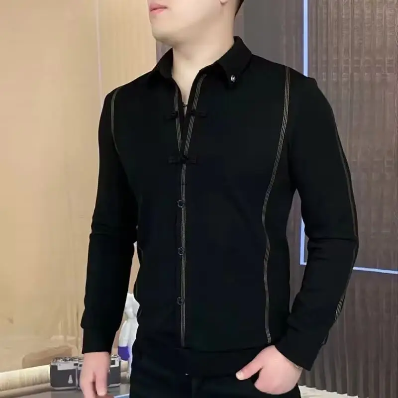 Vintage düğme uzun kollu erkek giyim turn-aşağı yaka bahar sonbahar hırka rahat moda kontrast renk T-shirt