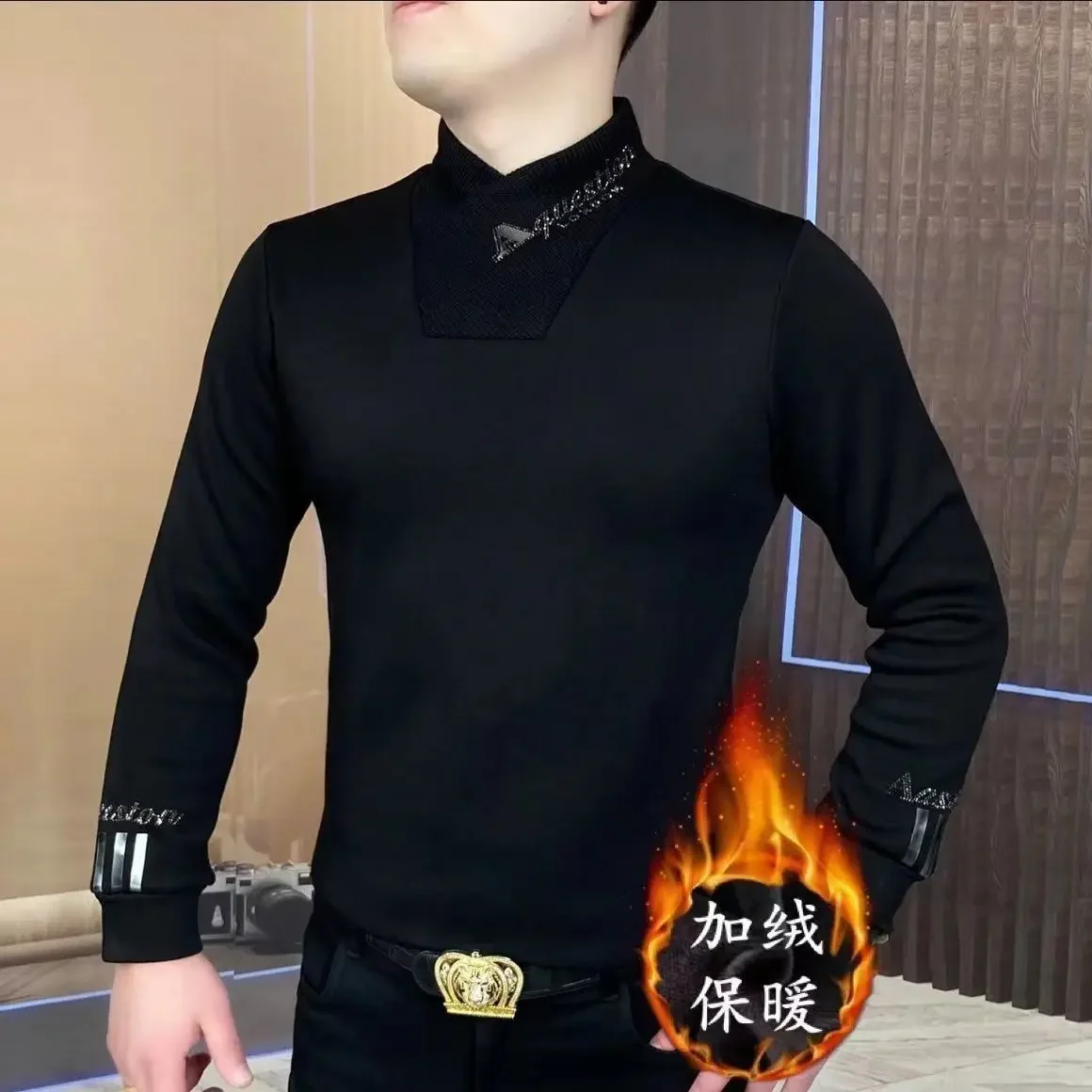 Erkek Yeni Uzun kollu Tişört Üst Kadife ile Rahat Sahte İki Parçalı Dip Gömlek Çok Yönlü Kazak Tutmak için