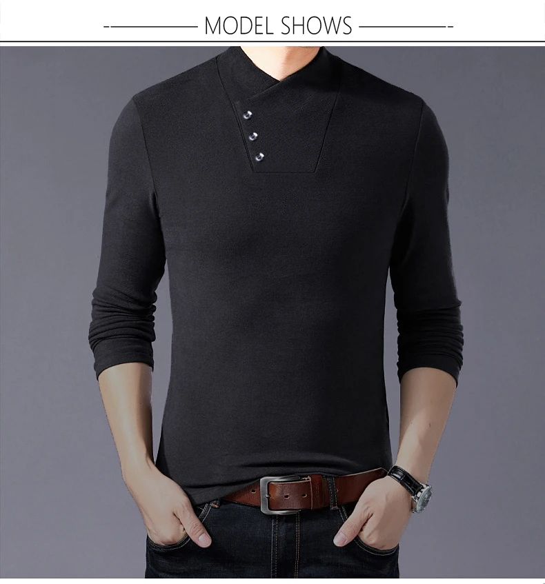 BROWON Bahar Moda Slim Fit T Gömlek Erkekler Pamuk Tişört Erkekler Uzun Kollu Düzensiz Yaka Düz Renk Erkek Giysileri 2025