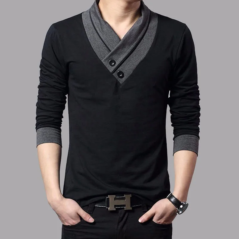 TFETTERS Marka Sonbahar Moda Erkek T-shirt T-Shirt Erkek Patchwork V Yaka Uzun Kollu Slim Fit T-Shirt Pamuk Artı Boyutu 4XL