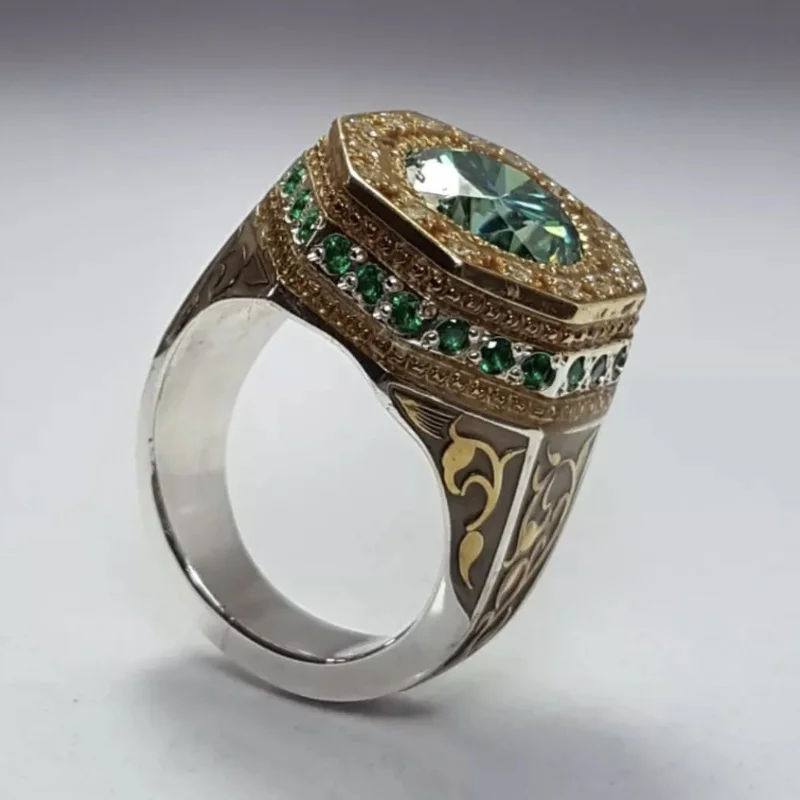 Vintage Lüks Erkek Yüzükler Gümüş Renk Yuvarlak Yeşil Taşlar Yüzükler Düğün Nişan Parti Gelin Yüzüğü Takı