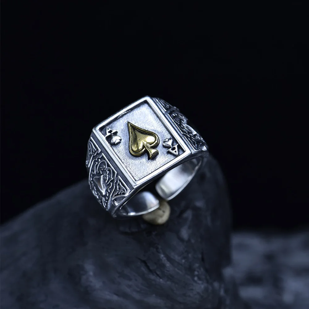 Retro Maça Ası Yüzük Erkekler Için Gümüş Renk Punk Gotik Açık Halka Tasarımcı Takı Unisex Aksesuarları Yaratıcı Barış Sanat Hediye