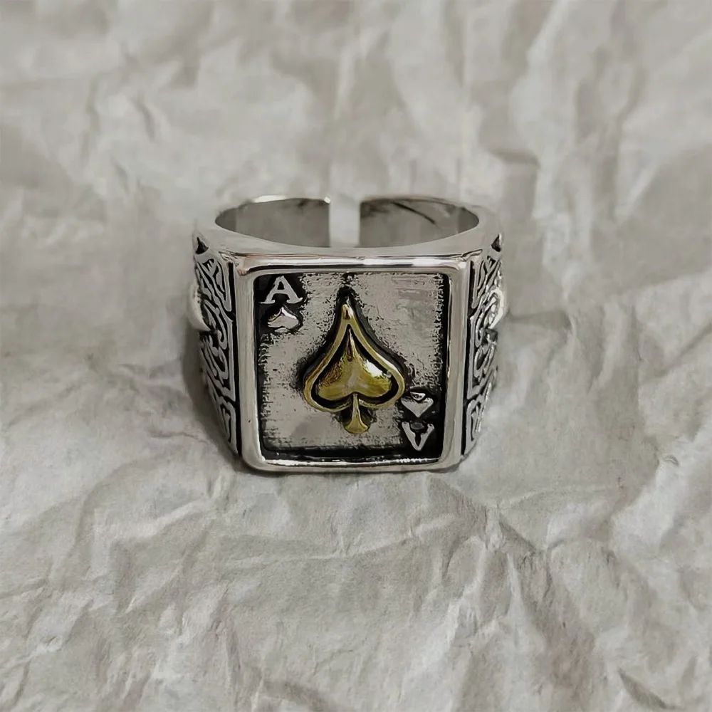 Retro Maça Ası Yüzük Erkekler Için Gümüş Renk Punk Gotik Açık Halka Tasarımcı Takı Unisex Aksesuarları Yaratıcı Barış Sanat Hediye