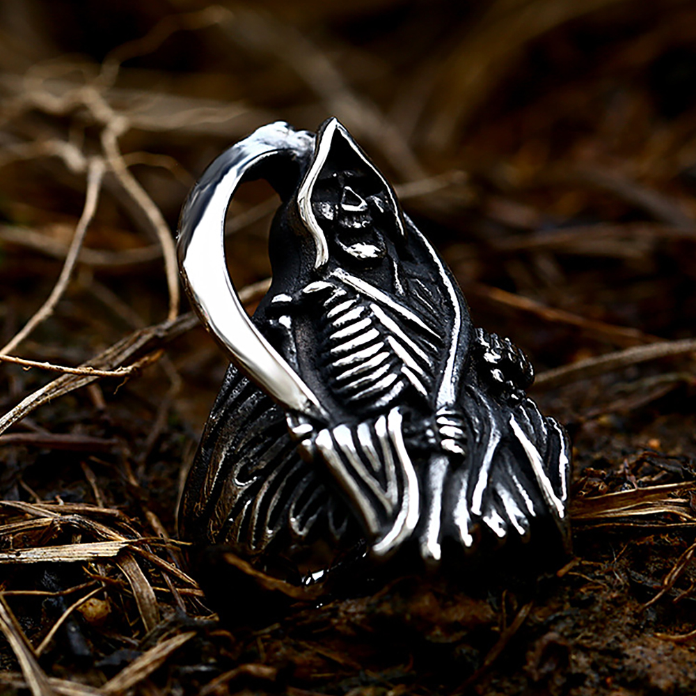 Vintage benzersiz Reaper Reaper kafatası yüzük erkekler için gotik 316L paslanmaz çelik ölüm kafatası yüzükler serin otoriter takı toptan