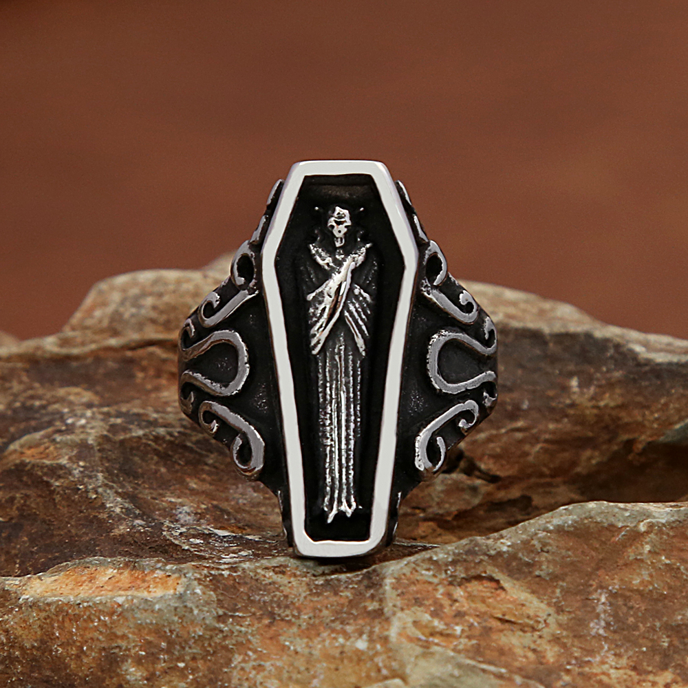Retro benzersiz vampir kafatası yüzük erkekler için gotik paslanmaz çelik yaratıcılık tabut yüzükler motosiklet muska takı hediye toptan