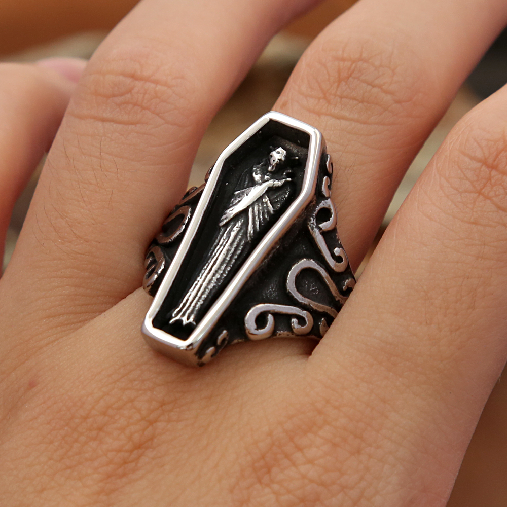 Retro benzersiz vampir kafatası yüzük erkekler için gotik paslanmaz çelik yaratıcılık tabut yüzükler motosiklet muska takı hediye toptan