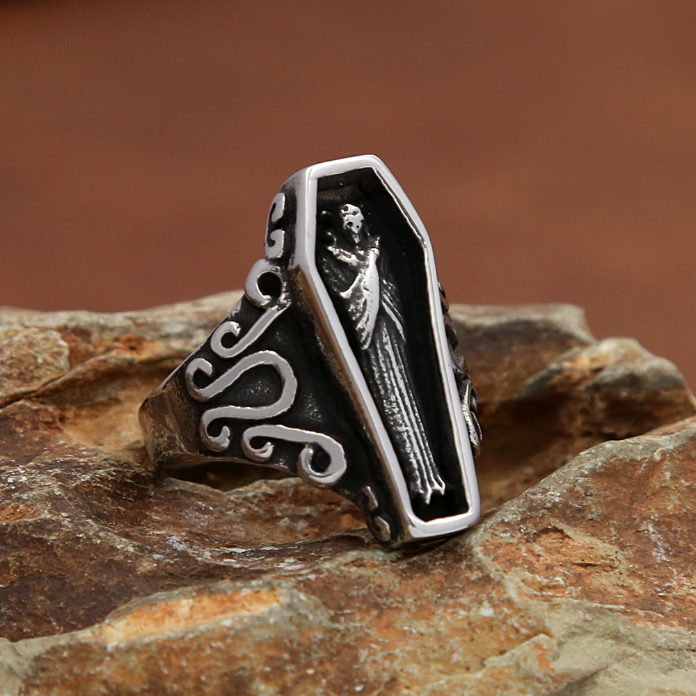 Retro benzersiz vampir kafatası yüzük erkekler için gotik paslanmaz çelik yaratıcılık tabut yüzükler motosiklet muska takı hediye toptan