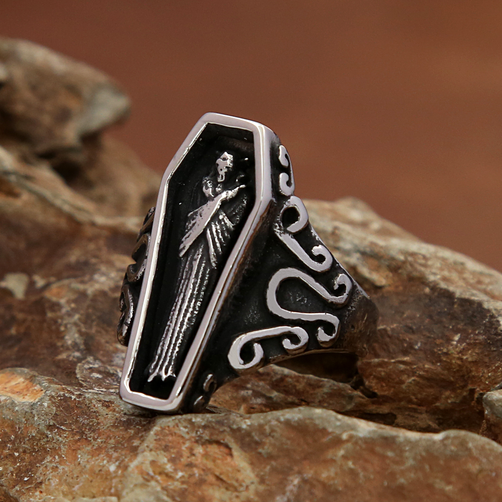 Retro benzersiz vampir kafatası yüzük erkekler için gotik paslanmaz çelik yaratıcılık tabut yüzükler motosiklet muska takı hediye toptan