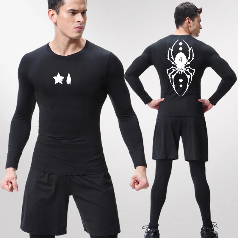 Spider Print Compression Shirt for Men Sporty Quick Dry Long Sleeve Tees Tshirt Tops Gym Workout Fitness Undershirts Baselayers