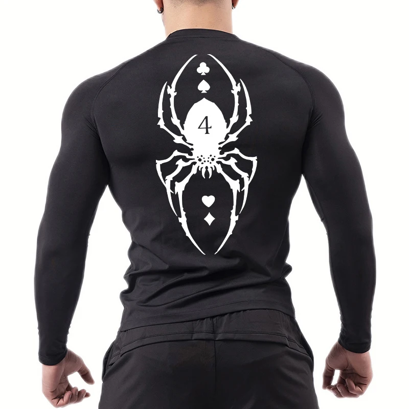Spider Print Compression Shirt for Men Sporty Quick Dry Long Sleeve Tees Tshirt Tops Gym Workout Fitness Undershirts Baselayers