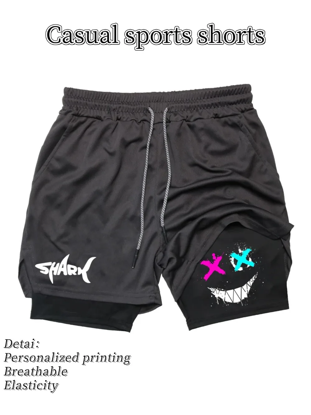 2025 Summer Men's Double-Layer Running Training Shorts Shark joyful Graphic Print Adjustable Drawstring Waist Sports Gym Shorts