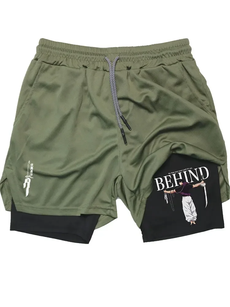 Double Layer Fitness Shorts Anime Performance Shorts Toji Printed Men GYM Shorts Workout Running Mesh 2 In 1 Sport Short Pants