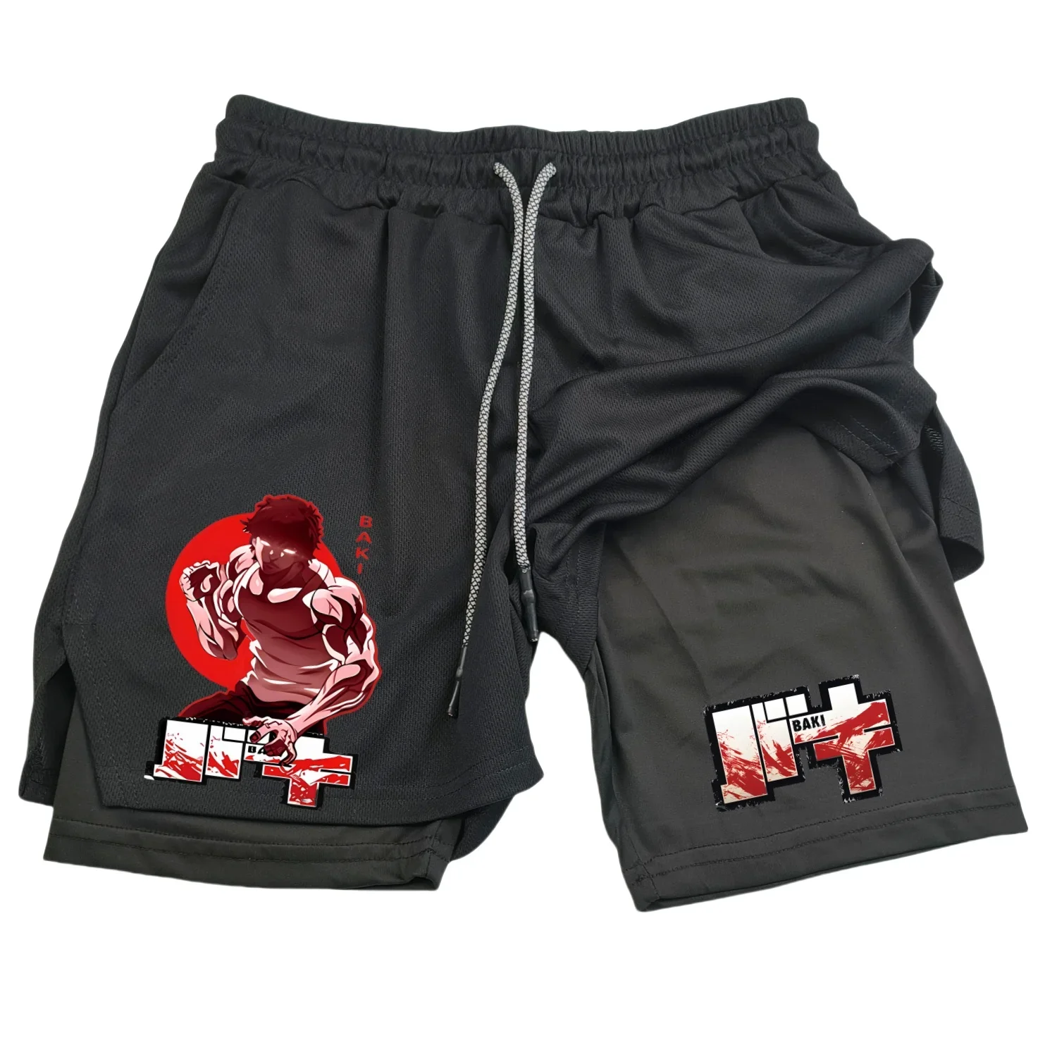 Anime Hanma Baki Gym Shorts Black for Men 2 In1 Mesh Quick Dry Board Shorts Mens Bodybuilding Fitness Running Short Pants Summer