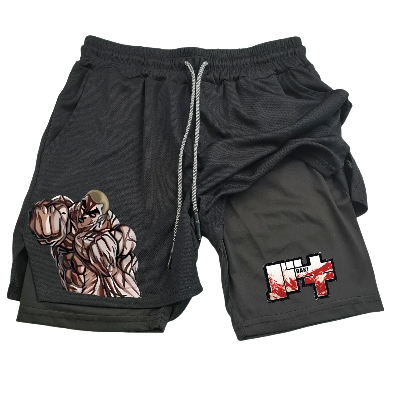 Anime Hanma Baki Gym Shorts Black for Men 2 In1 Mesh Quick Dry Board Shorts Mens Bodybuilding Fitness Running Short Pants Summer