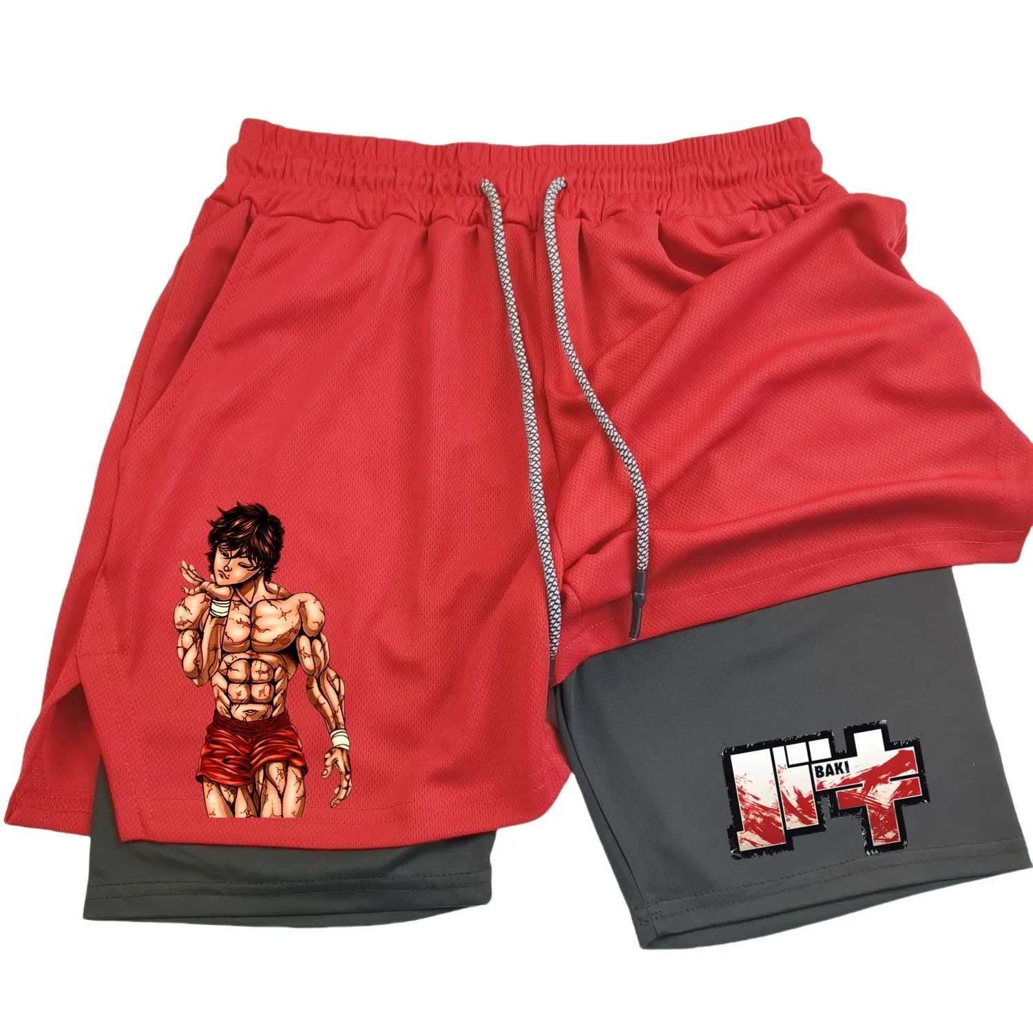 Anime Hanma Baki Gym Shorts Black for Men 2 In1 Mesh Quick Dry Board Shorts Mens Bodybuilding Fitness Running Short Pants Summer