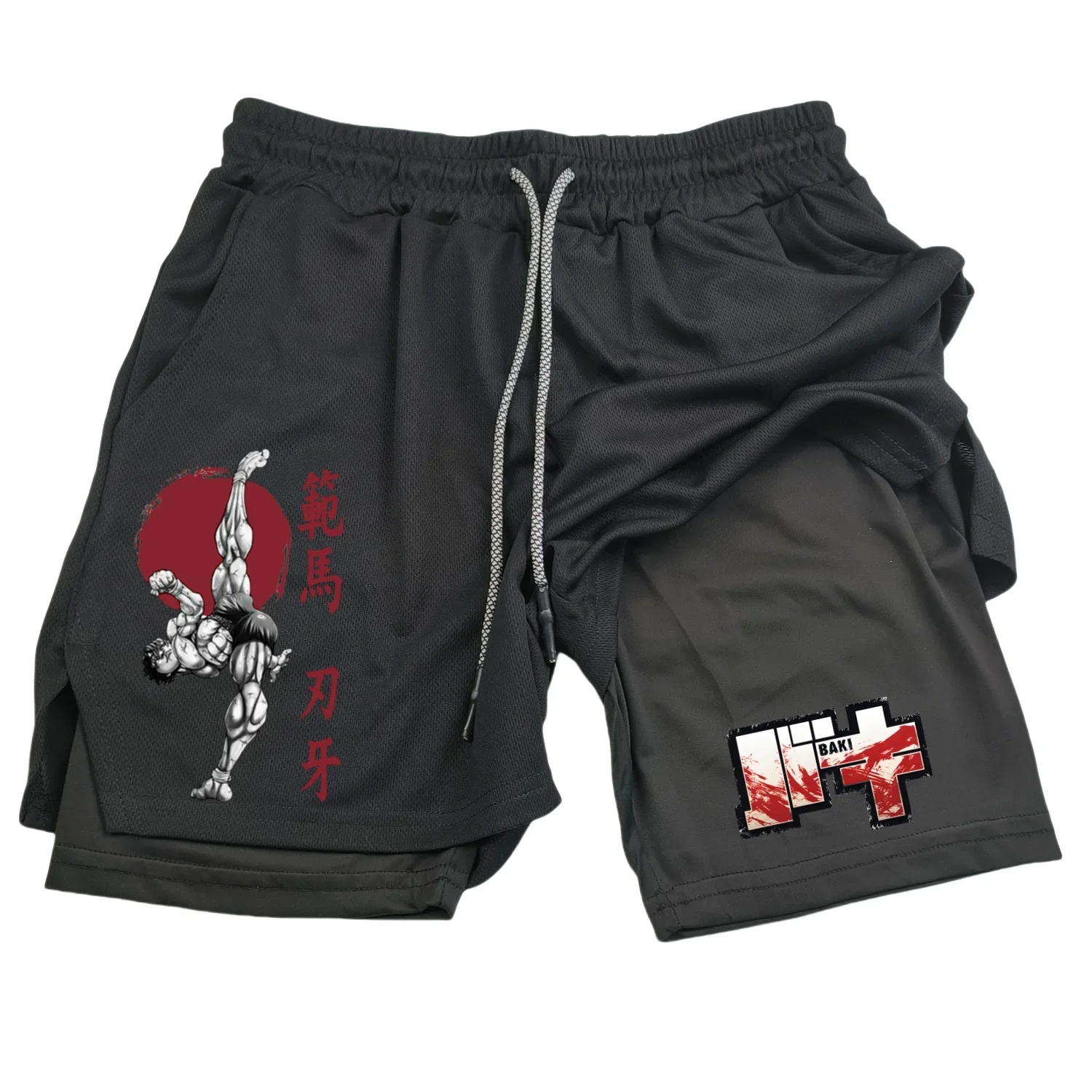 Anime Hanma Baki Gym Shorts Black for Men 2 In1 Mesh Quick Dry Board Shorts Mens Bodybuilding Fitness Running Short Pants Summer