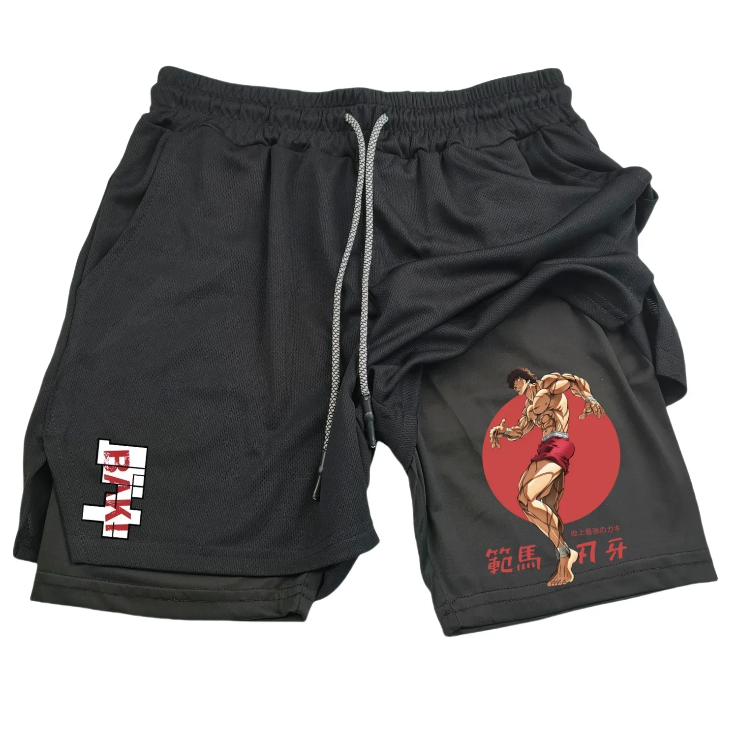 Anime Hanma Baki Gym Shorts Black for Men 2 In1 Mesh Quick Dry Board Shorts Mens Bodybuilding Fitness Running Short Pants Summer