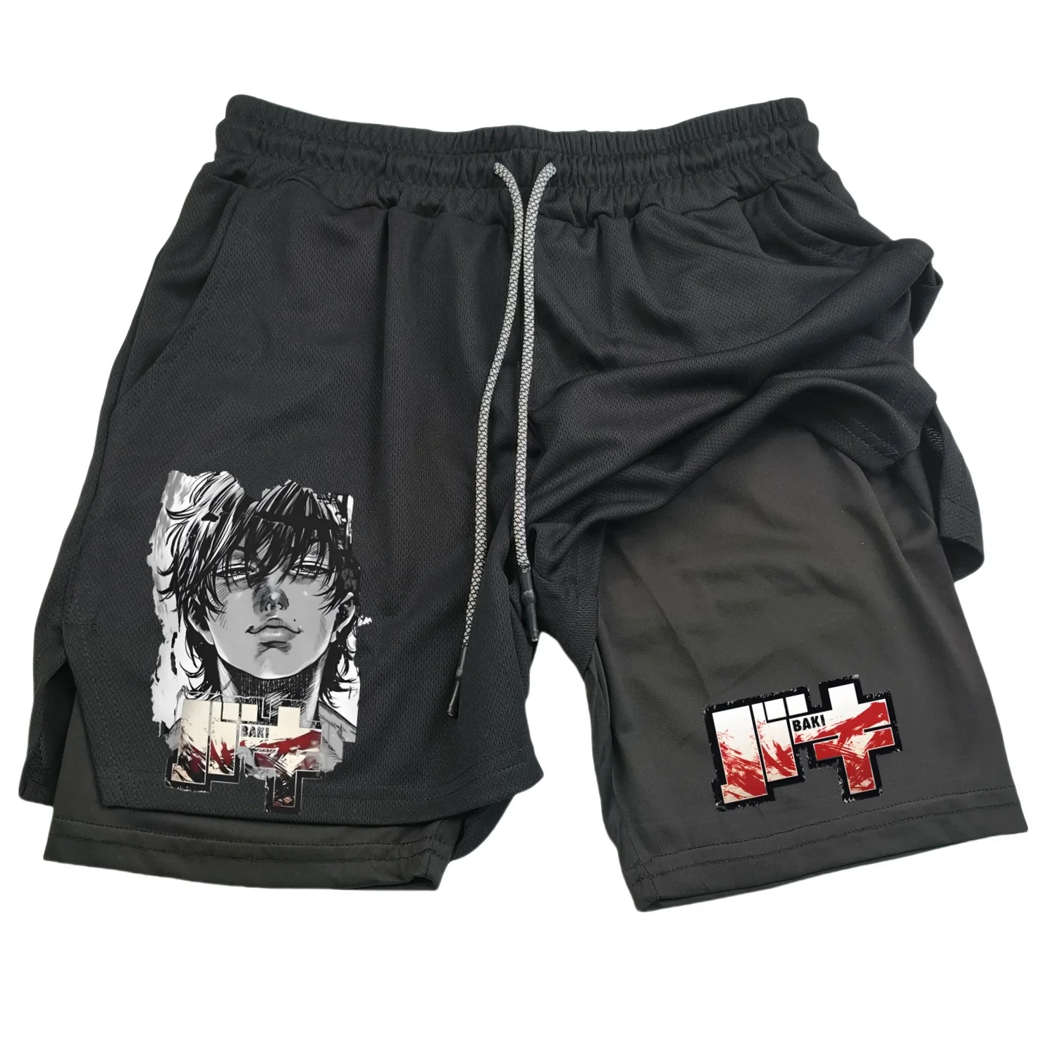 Anime Hanma Baki Gym Shorts Black for Men 2 In1 Mesh Quick Dry Board Shorts Mens Bodybuilding Fitness Running Short Pants Summer
