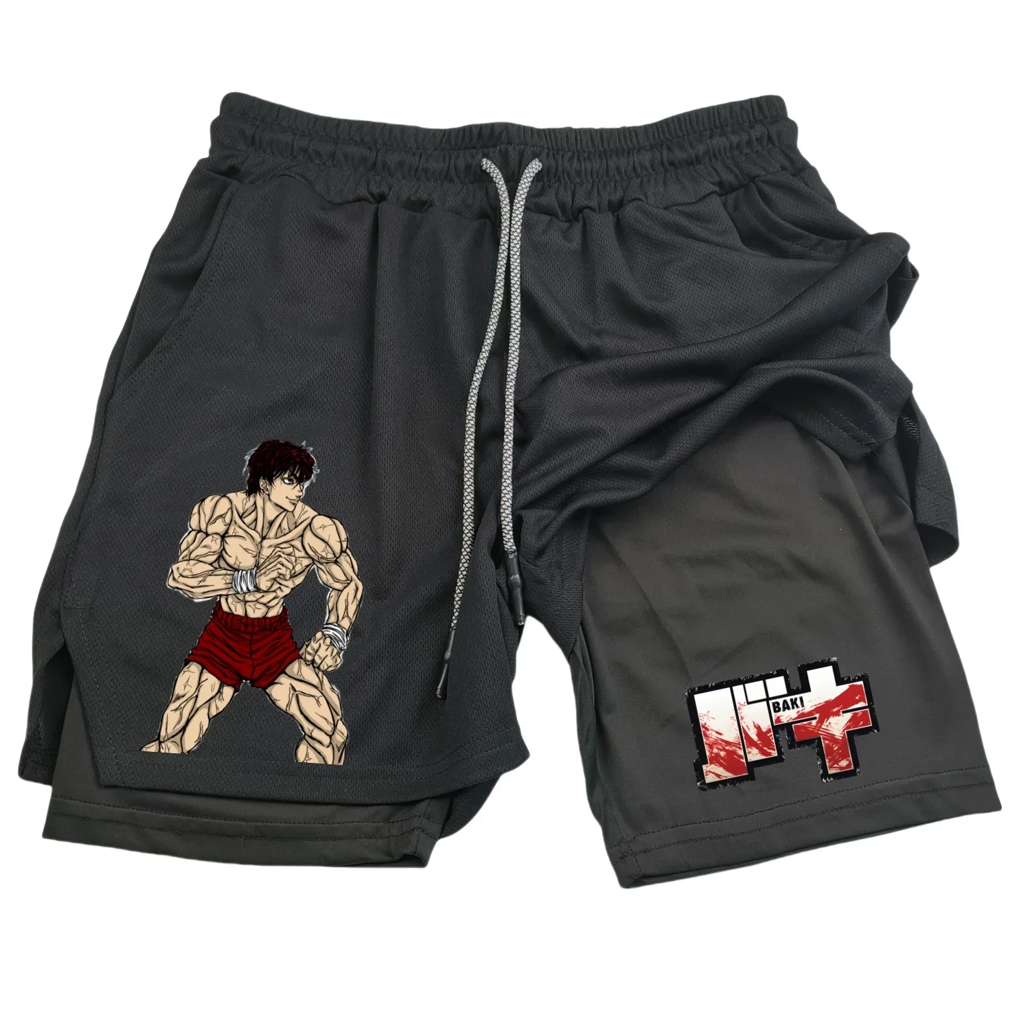 Anime Hanma Baki Gym Shorts Black for Men 2 In1 Mesh Quick Dry Board Shorts Mens Bodybuilding Fitness Running Short Pants Summer