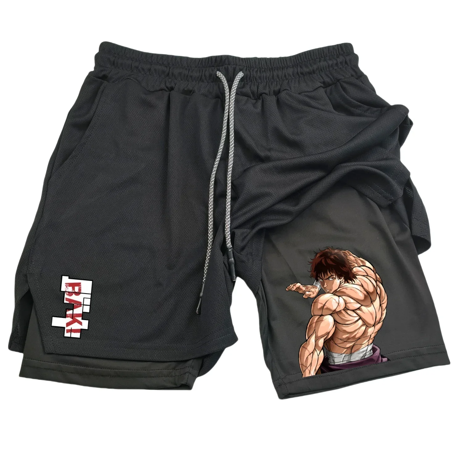 Anime Hanma Baki Gym Shorts Black for Men 2 In1 Mesh Quick Dry Board Shorts Mens Bodybuilding Fitness Running Short Pants Summer