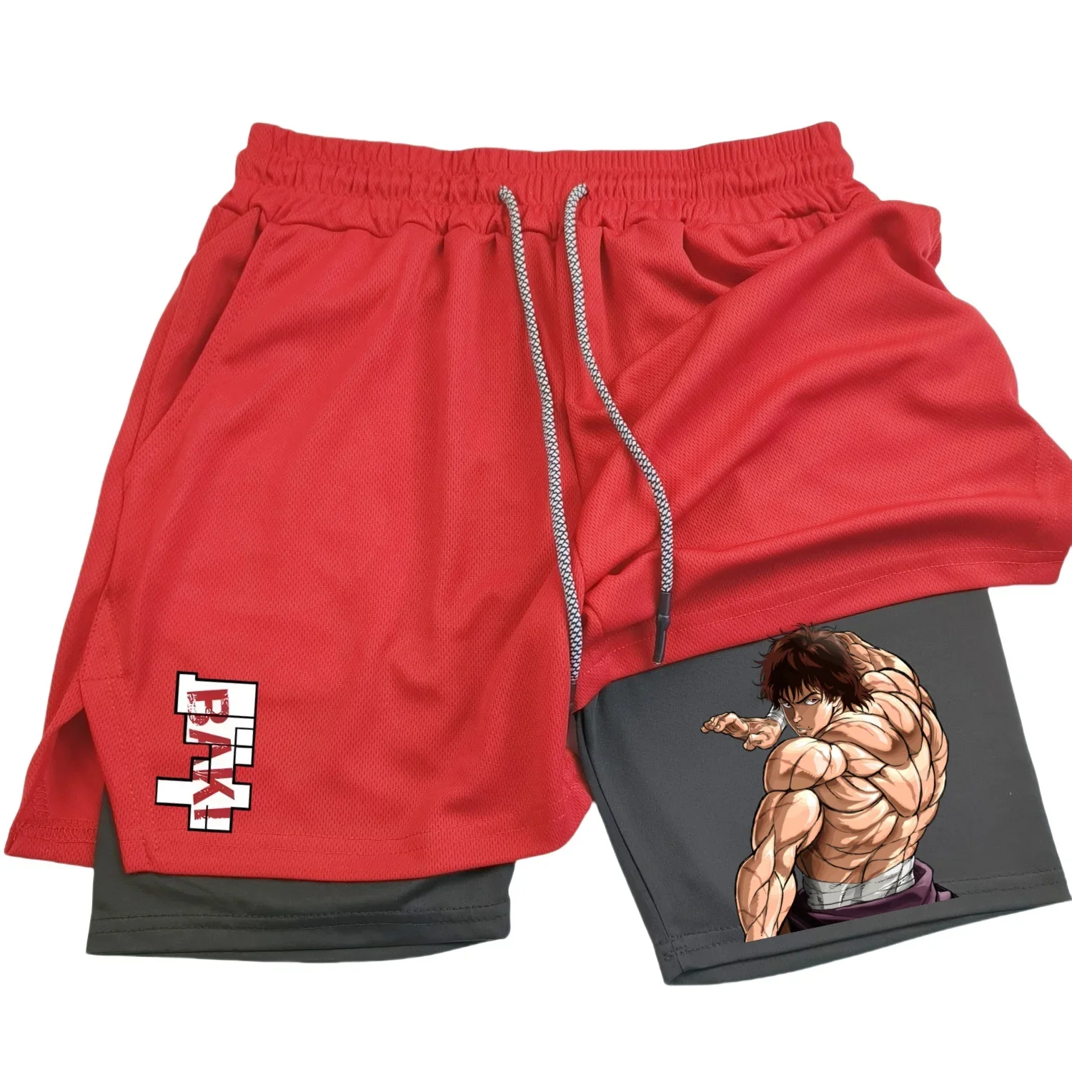 Anime Hanma Baki Gym Shorts Black for Men 2 In1 Mesh Quick Dry Board Shorts Mens Bodybuilding Fitness Running Short Pants Summer