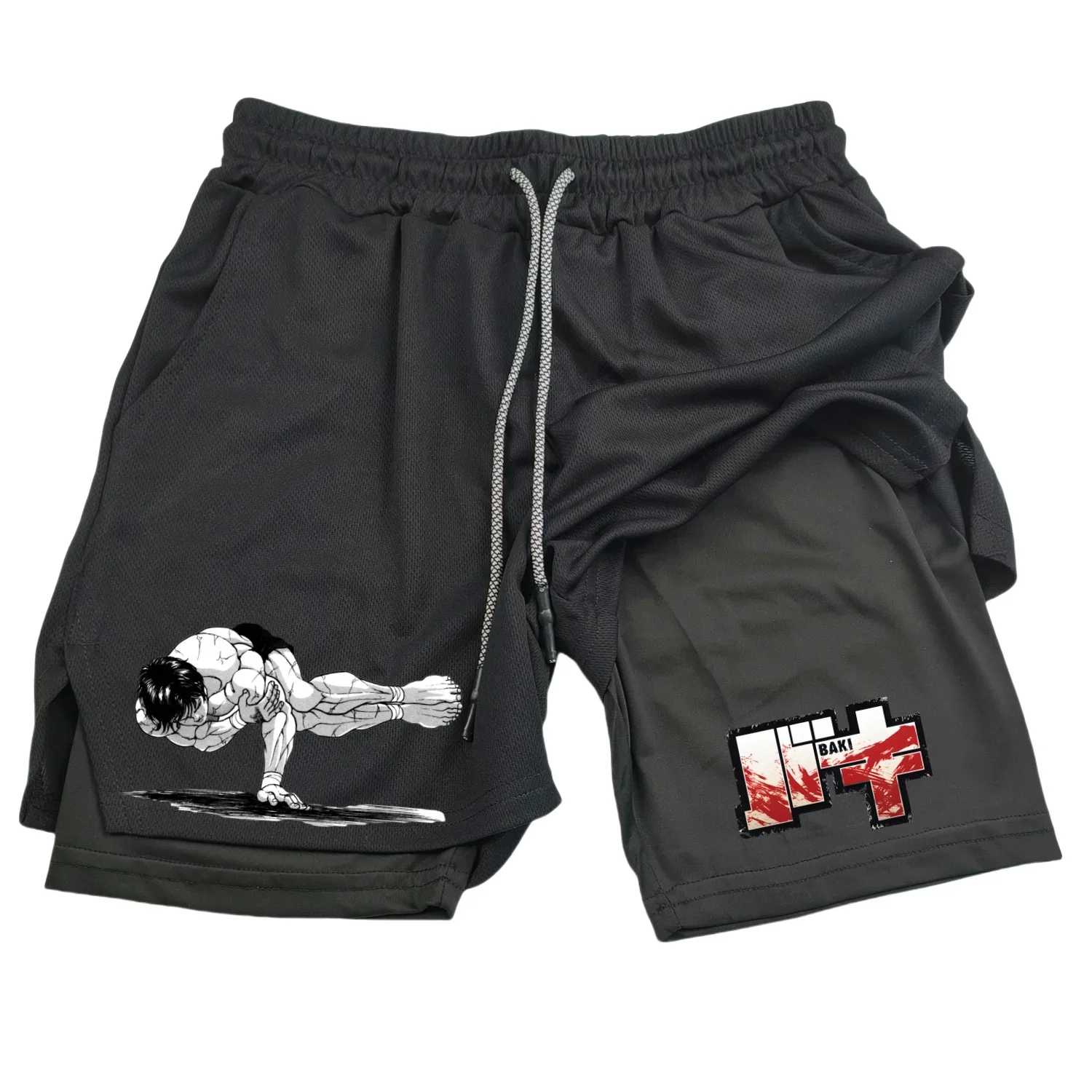 Anime Hanma Baki Gym Shorts Black for Men 2 In1 Mesh Quick Dry Board Shorts Mens Bodybuilding Fitness Running Short Pants Summer