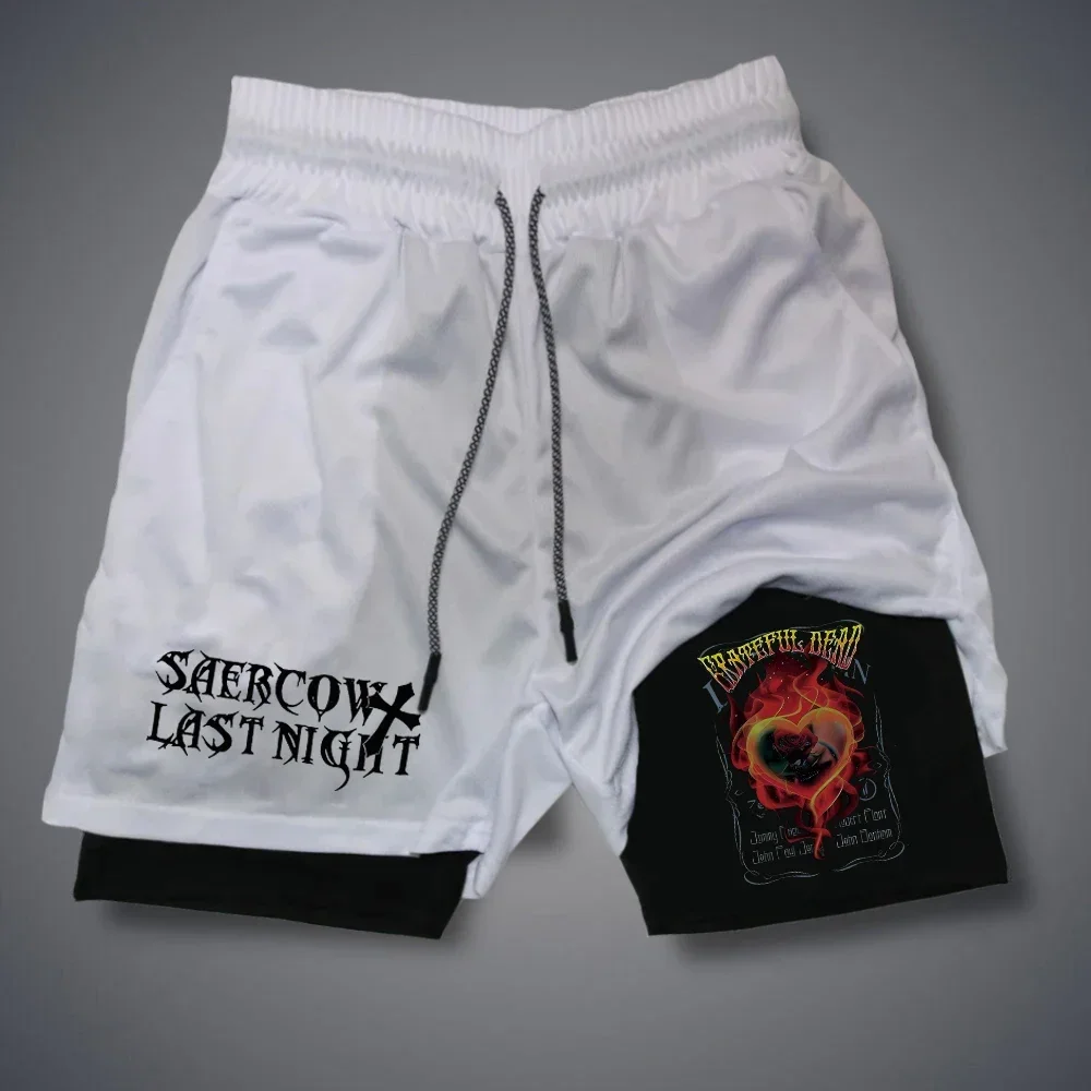 Gothic Letter Print Men's Training Shorts Pants Summer Breathable Shorts Sportwear Double-deck 2 in 1 Short Pants Y2K Fitness
