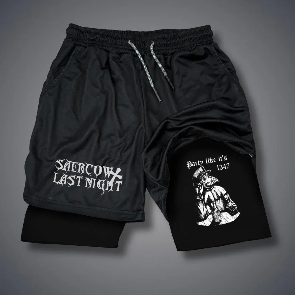 Gothic Letter Print Men's Training Shorts Pants Summer Breathable Shorts Sportwear Double-deck 2 in 1 Short Pants Y2K Fitness