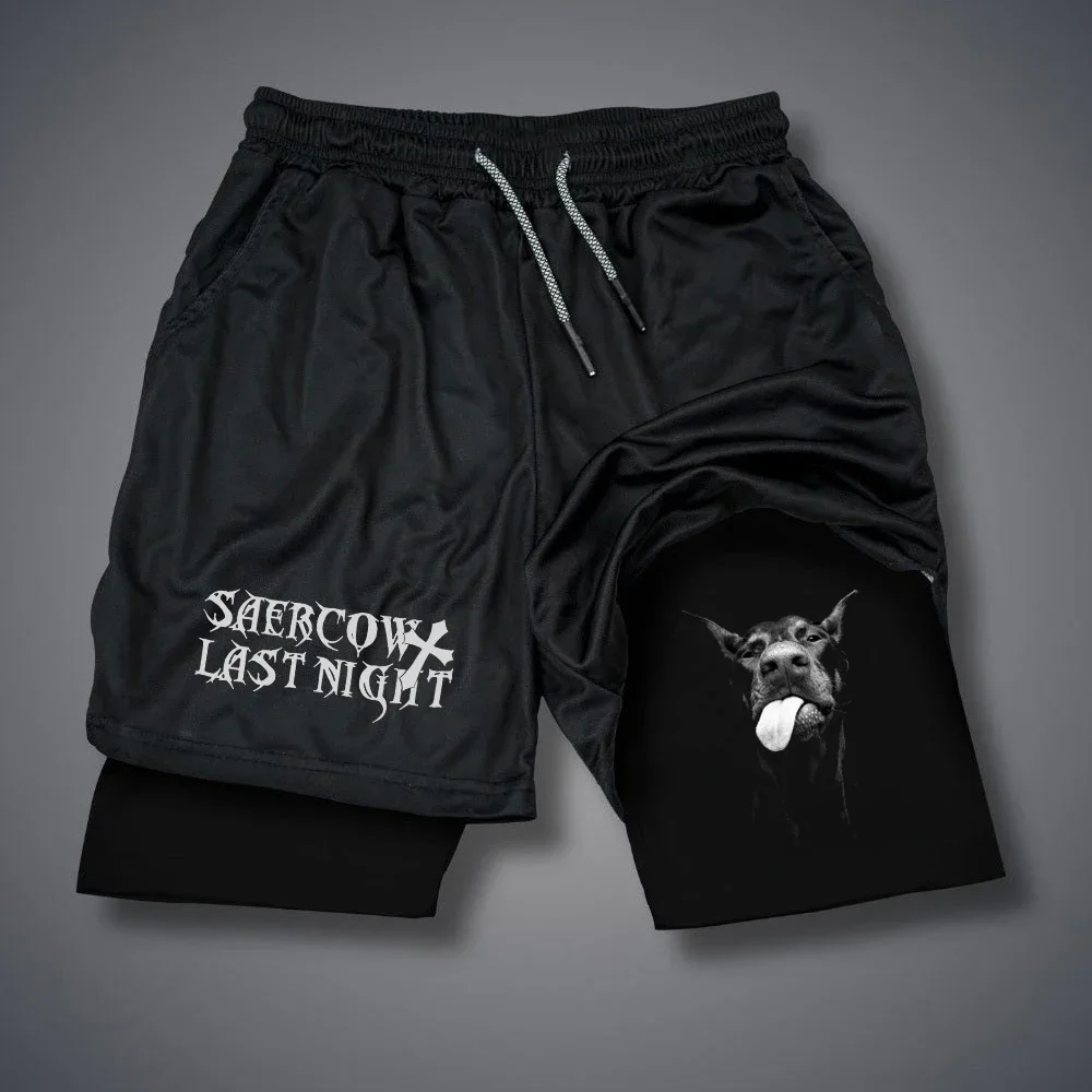 Gothic Letter Print Men's Training Shorts Pants Summer Breathable Shorts Sportwear Double-deck 2 in 1 Short Pants Y2K Fitness