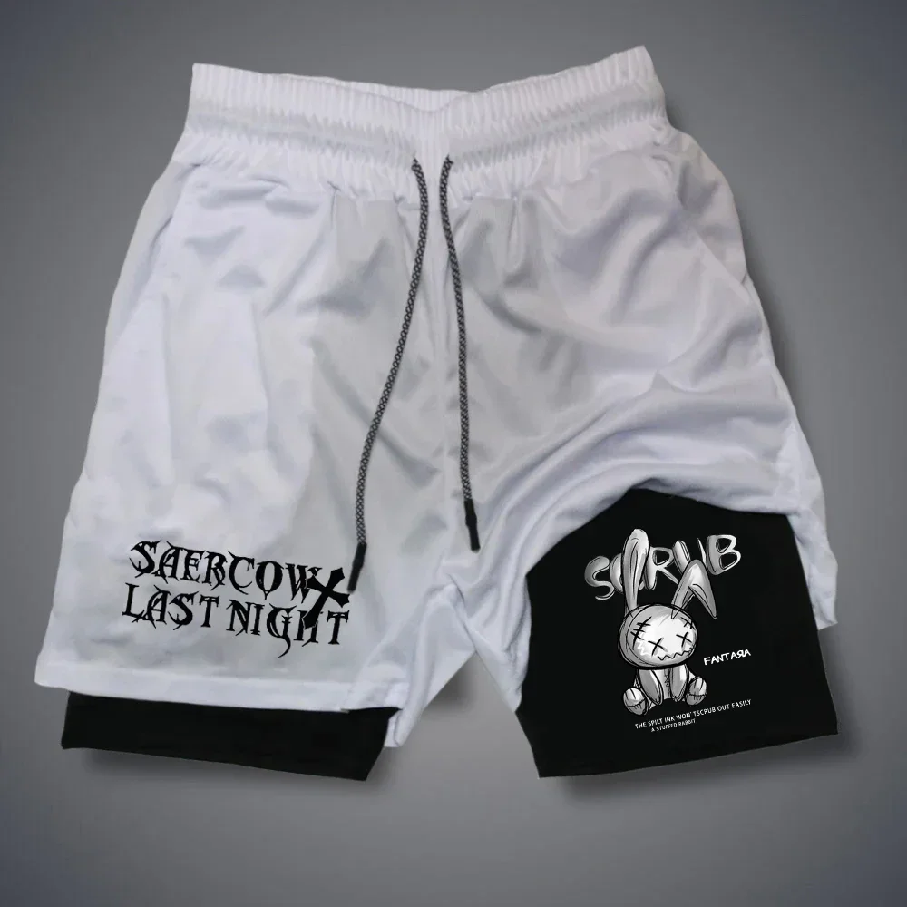 Gothic Letter Print Men's Training Shorts Pants Summer Breathable Shorts Sportwear Double-deck 2 in 1 Short Pants Y2K Fitness