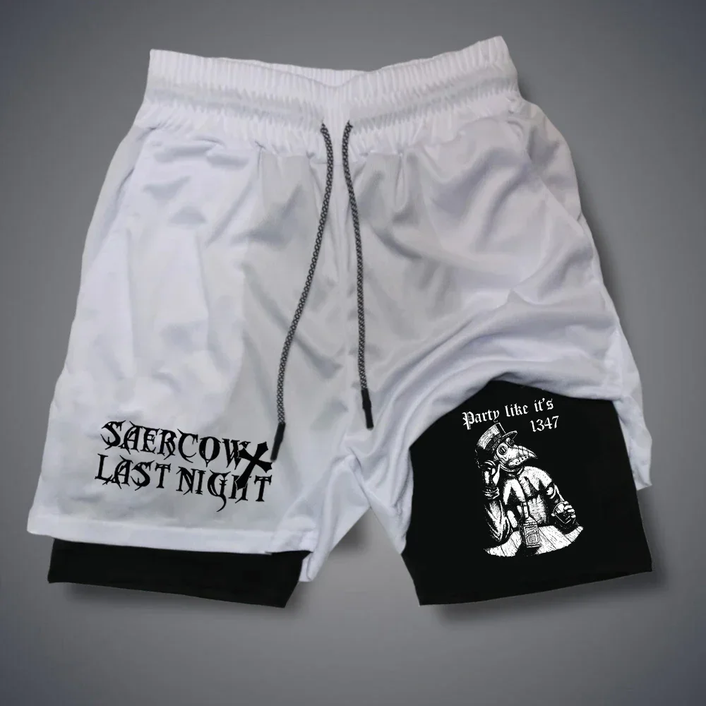 Gothic Letter Print Men's Training Shorts Pants Summer Breathable Shorts Sportwear Double-deck 2 in 1 Short Pants Y2K Fitness