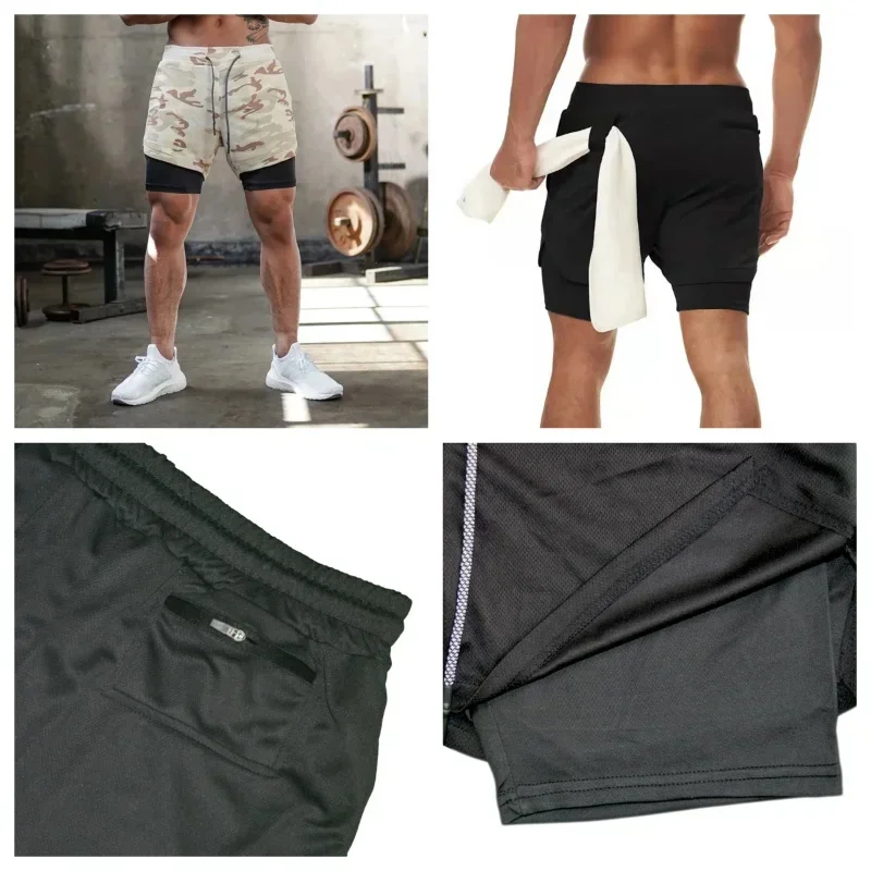 Short Gym Man Summer Breathable 2-in-1Double-layer Shorts Men's Elastic Compression Shorts Quick-drying Multi-functional Shorts