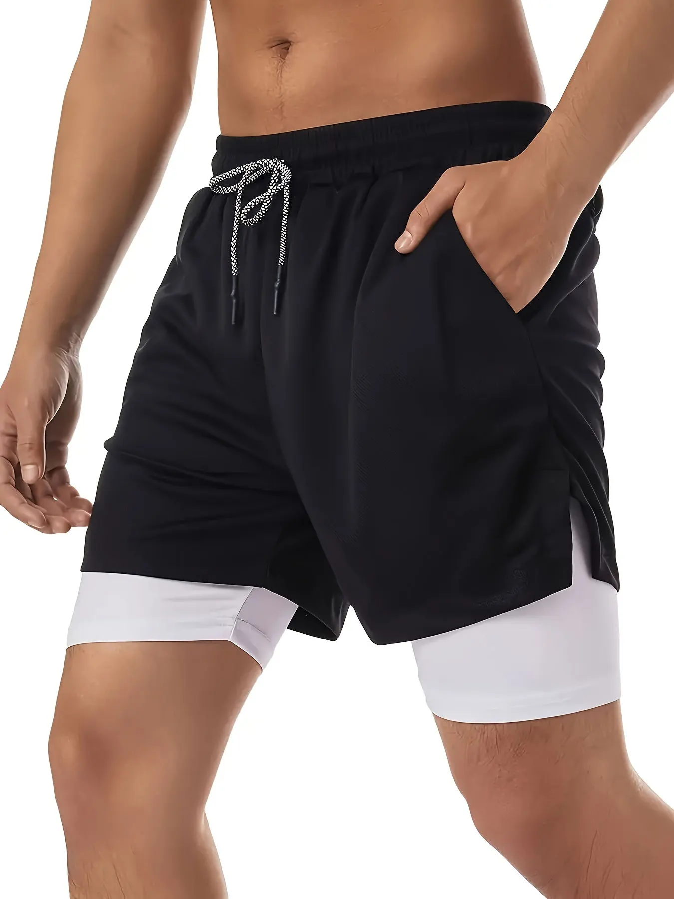 2 in 1 Performance Shorts Men's Fitness Gym Workout Summer Soild Color Short Pants Double-deck Quick Dry Jogging Sportswear