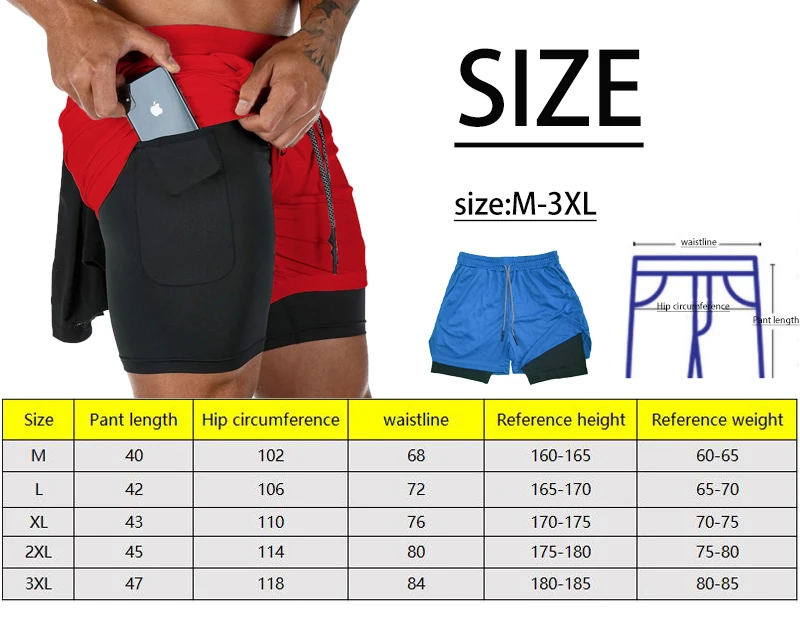 2 in 1 Performance Shorts Men's Fitness Gym Workout Summer Soild Color Short Pants Double-deck Quick Dry Jogging Sportswear
