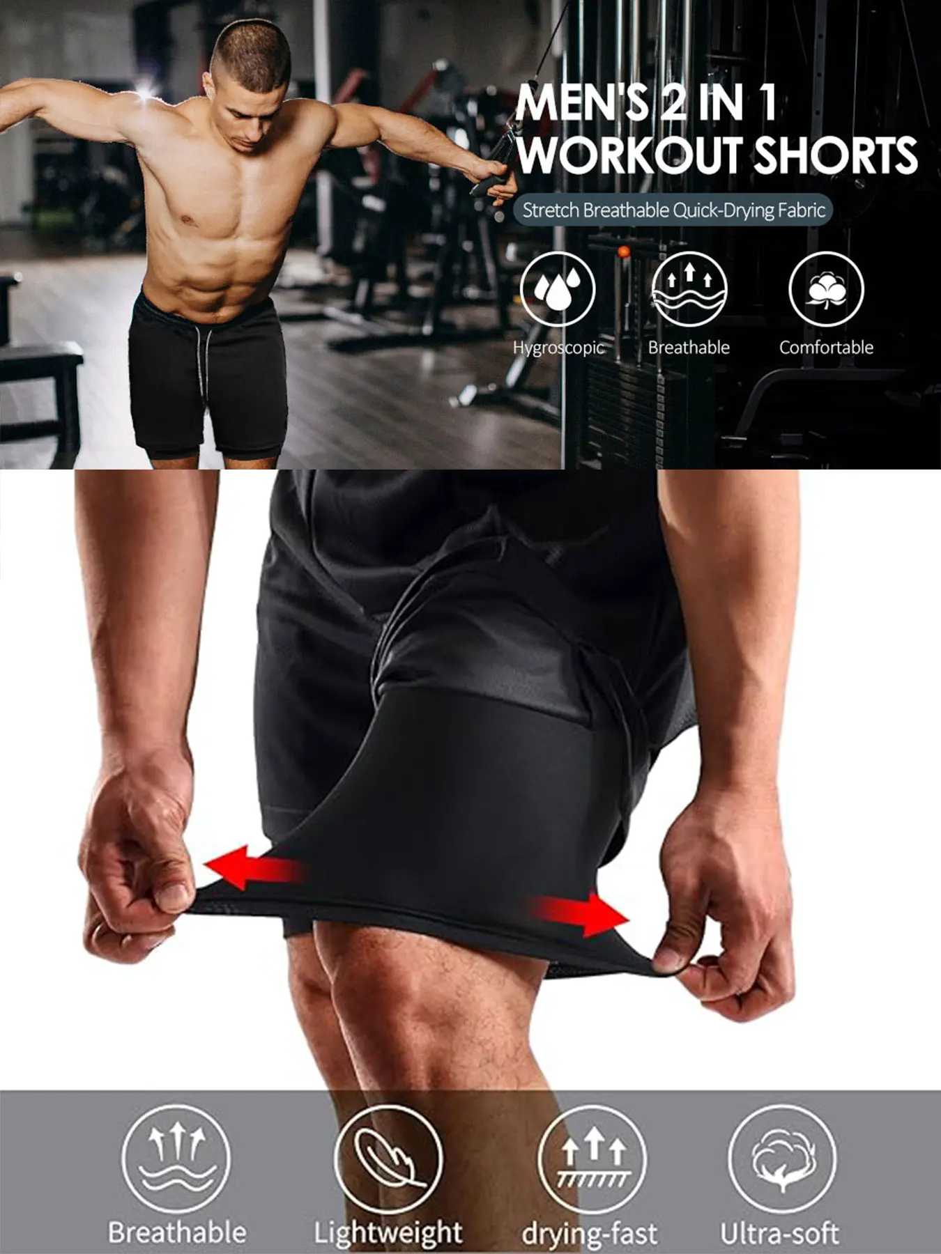2 in 1 Performance Shorts Men's Fitness Gym Workout Summer Soild Color Short Pants Double-deck Quick Dry Jogging Sportswear