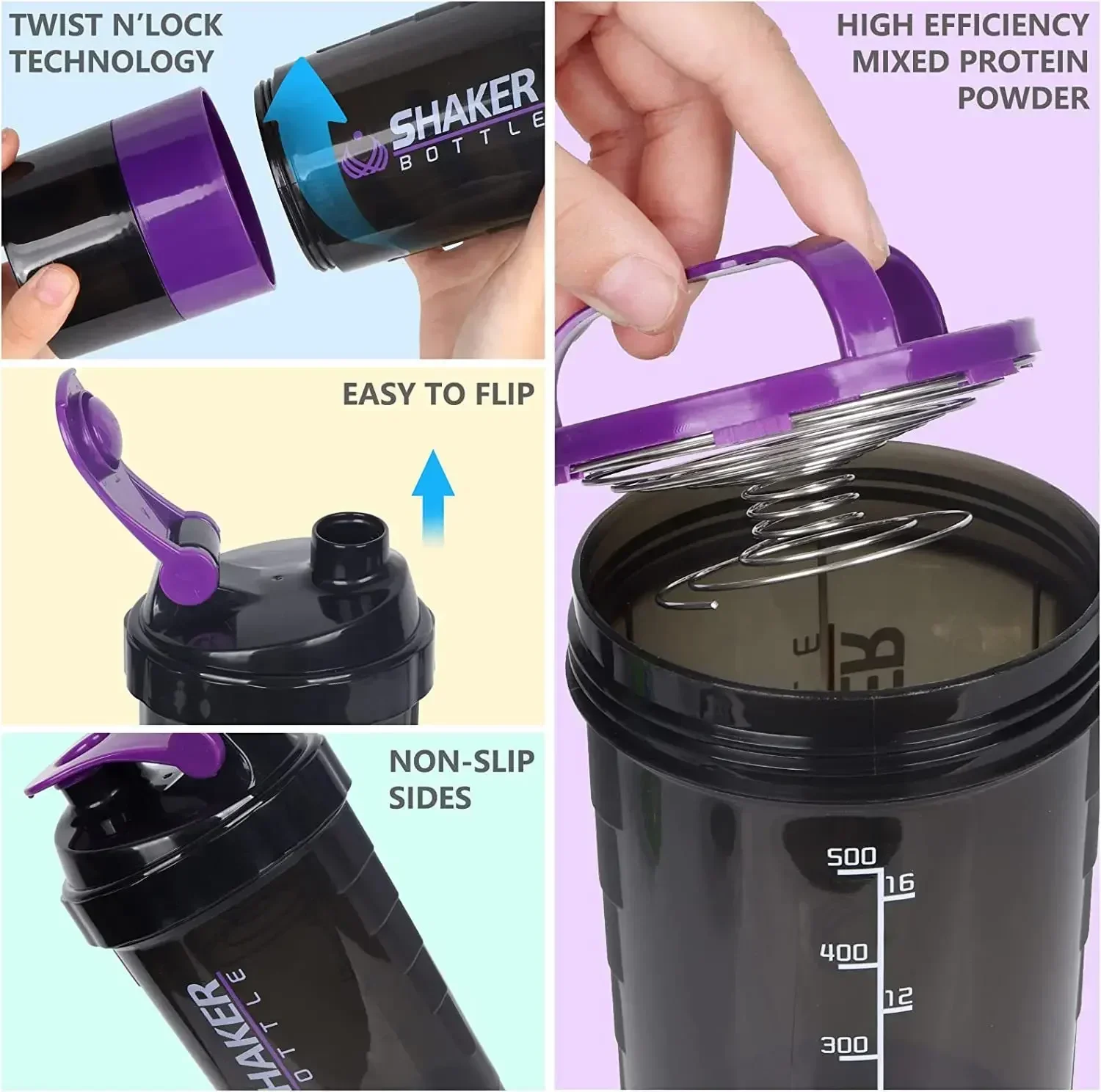 500ml Layered Protein Bottle Powder Shaker with Powder Storage Container Large Water Bottle Water Bottle with Wire Stirring Ball