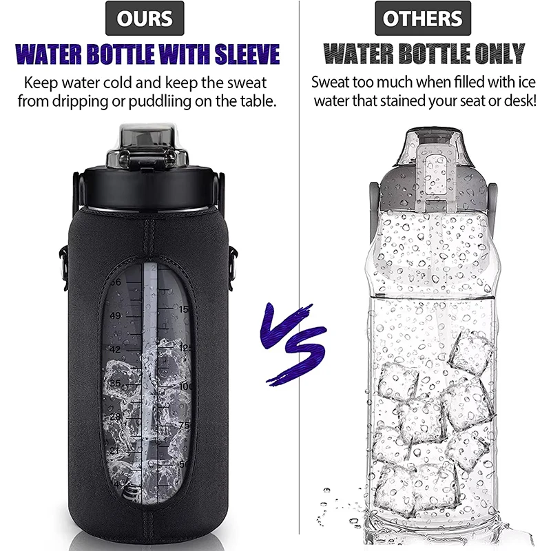 Half Gallon Water Bottle with Sleeve 64 OZ 2000ML Motivational Water Bottle with Straw & Time Marker to Drink