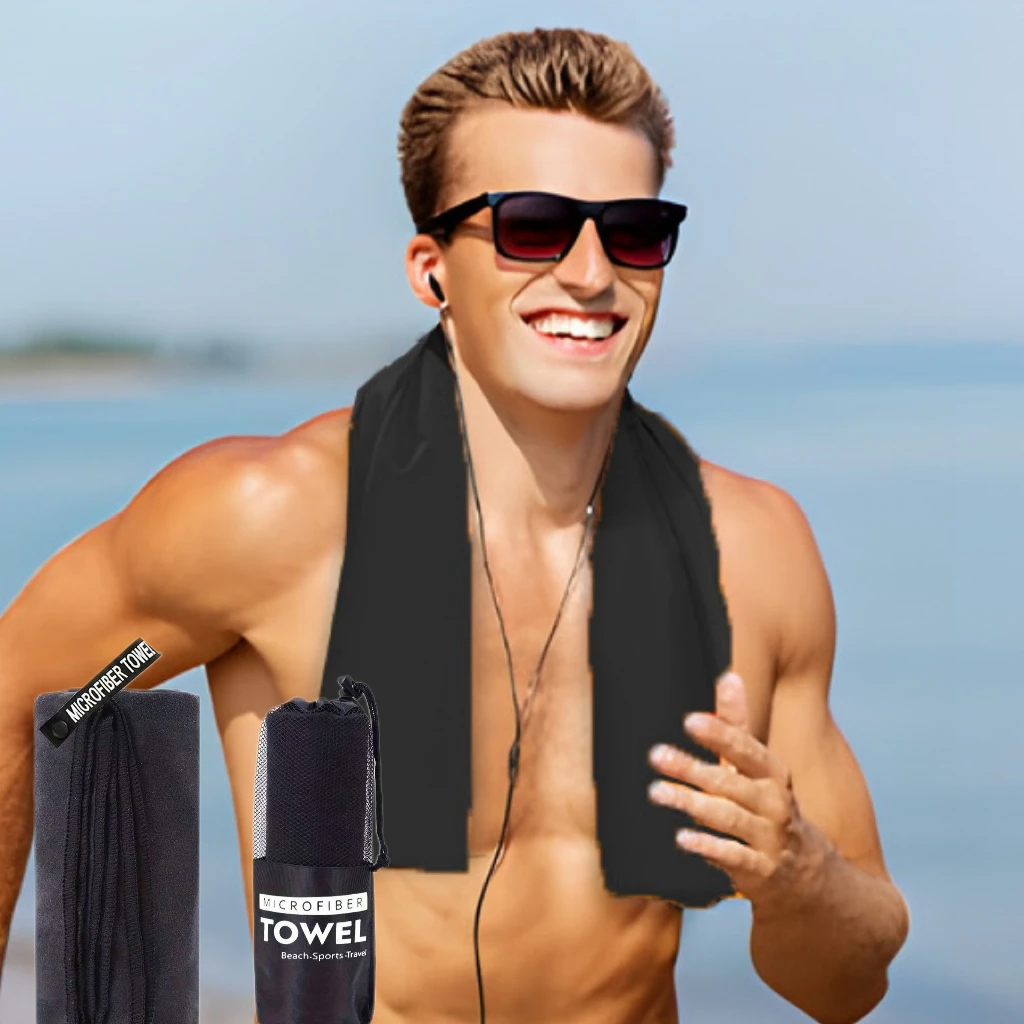 Black Portable Outdoor Sports Super Absorbent Soft Quick Drying Towel, Travel Towel for Travel, Yoga, Beach, Bath,Hiking,Fitness