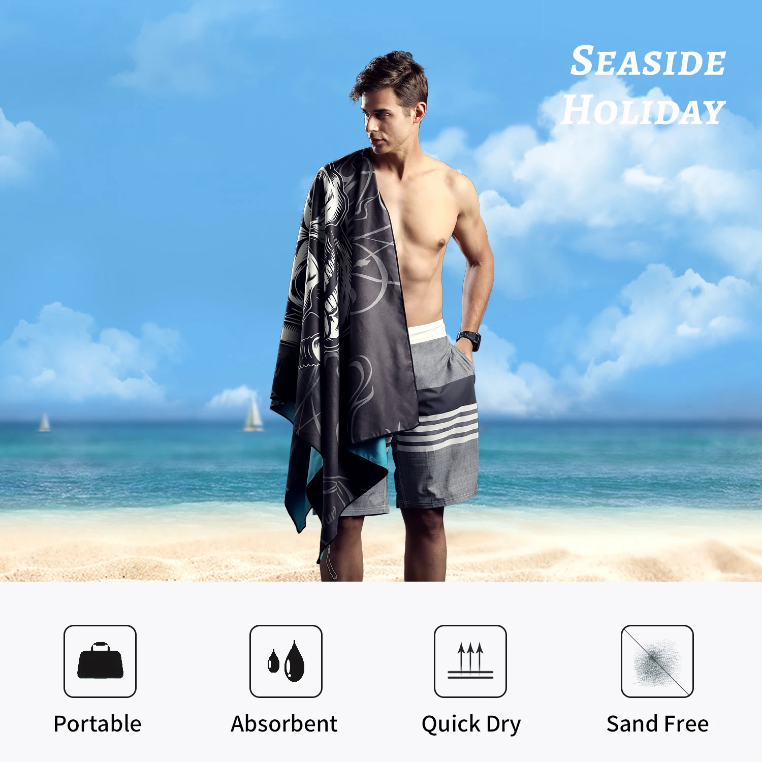 HiTurbo Microfiber Marine Animal Beach Towel Absorbent Quick dry Soft Yoga Swimming Resort Mountain climbing towel