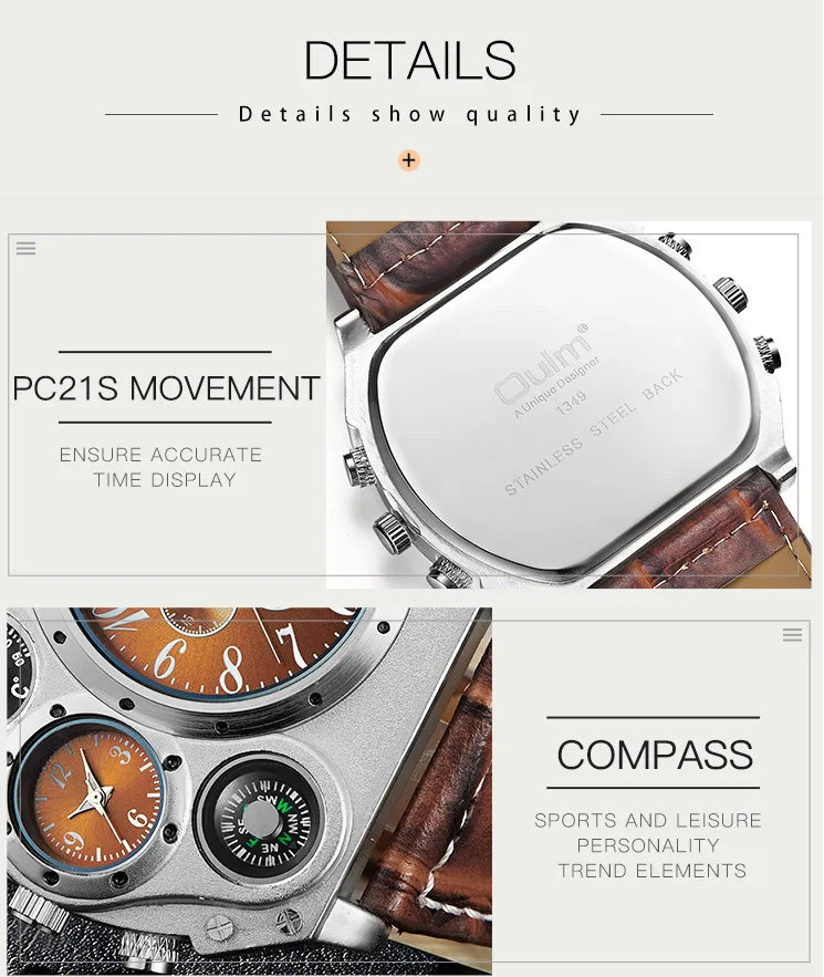 Oulm Fashion Casual Men's Watch Night Light Dual Time Zone Large Dial Leather Strap Men's Quartz Watch reloj hombre