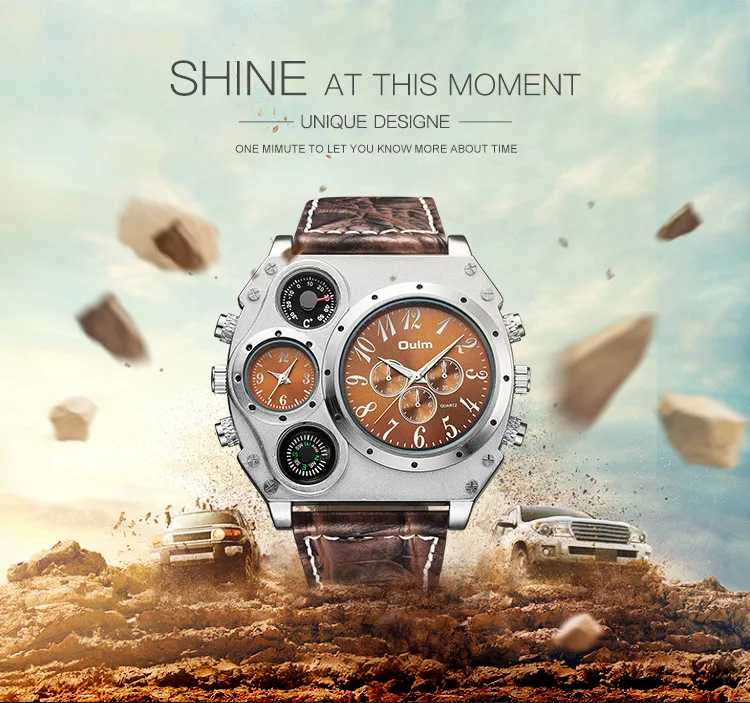 Oulm Fashion Casual Men's Watch Night Light Dual Time Zone Large Dial Leather Strap Men's Quartz Watch reloj hombre