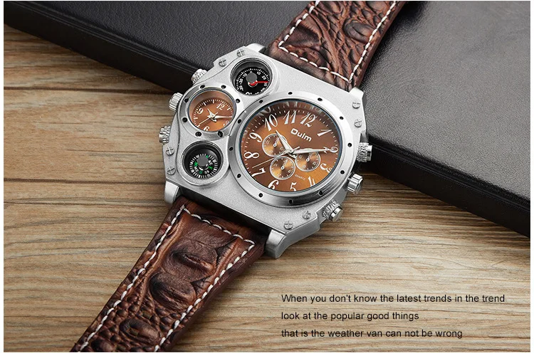 Oulm Fashion Casual Men's Watch Night Light Dual Time Zone Large Dial Leather Strap Men's Quartz Watch reloj hombre