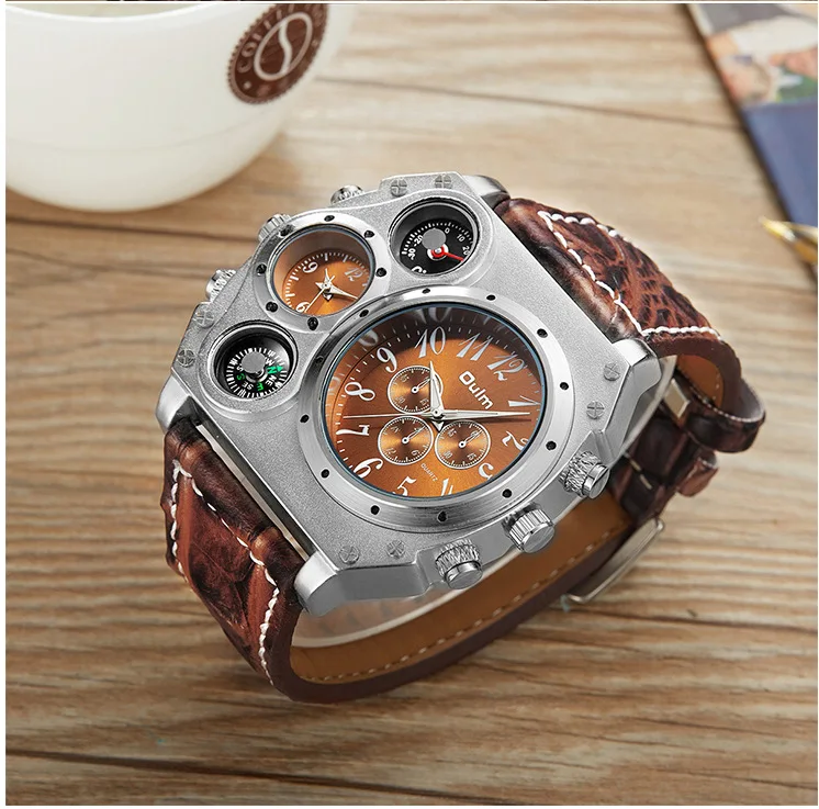 Oulm Fashion Casual Men's Watch Night Light Dual Time Zone Large Dial Leather Strap Men's Quartz Watch reloj hombre