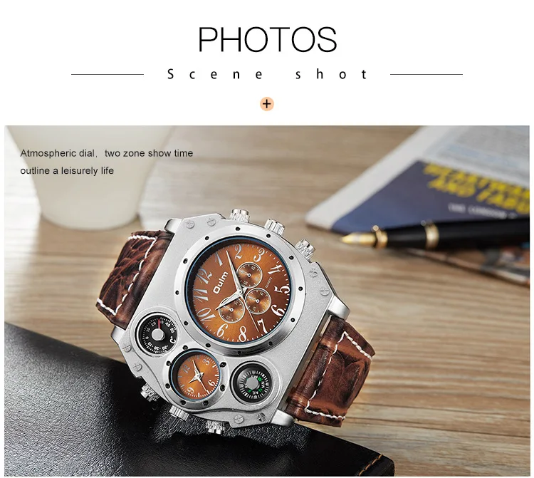 Oulm Fashion Casual Men's Watch Night Light Dual Time Zone Large Dial Leather Strap Men's Quartz Watch reloj hombre
