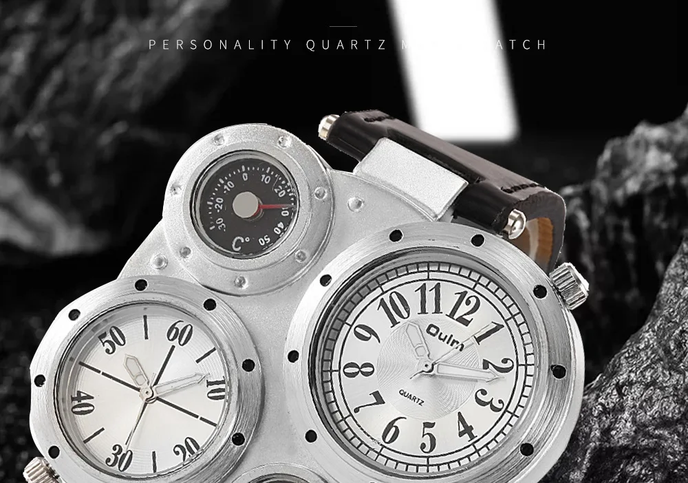 Oulm Fashion Luxury Men's Watch Double Time Zone Large Dial Luminous Leather Strip Men's Quartz Watches relojes para hombre