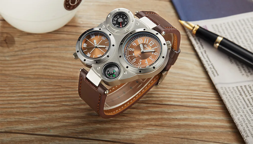 Oulm Fashion Luxury Men's Watch Double Time Zone Large Dial Luminous Leather Strip Men's Quartz Watches relojes para hombre